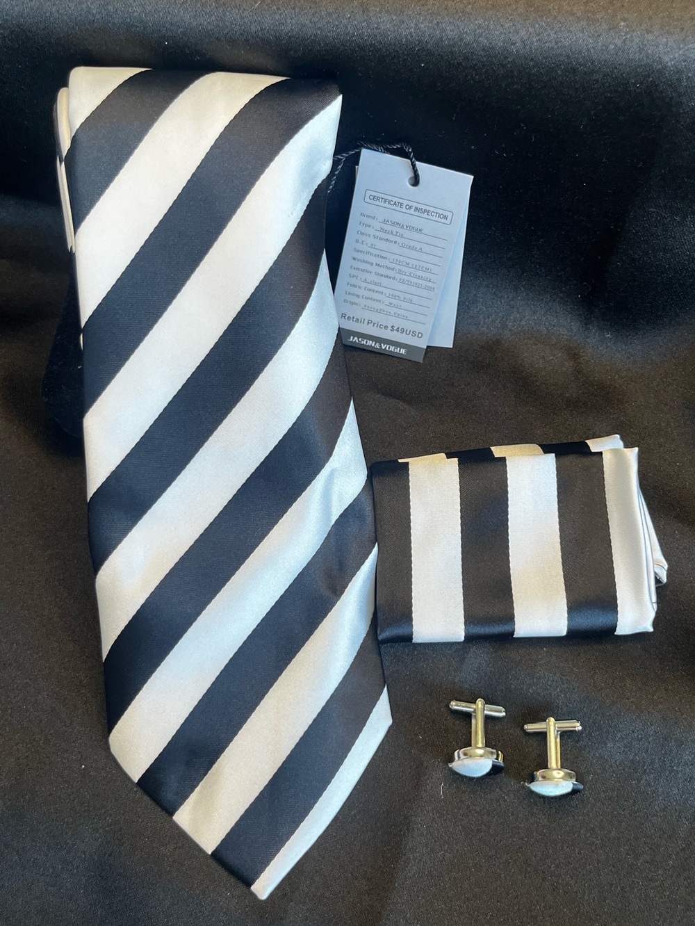 Classic Black & White Striped Tie Set with Pocket Square and Cufflinks